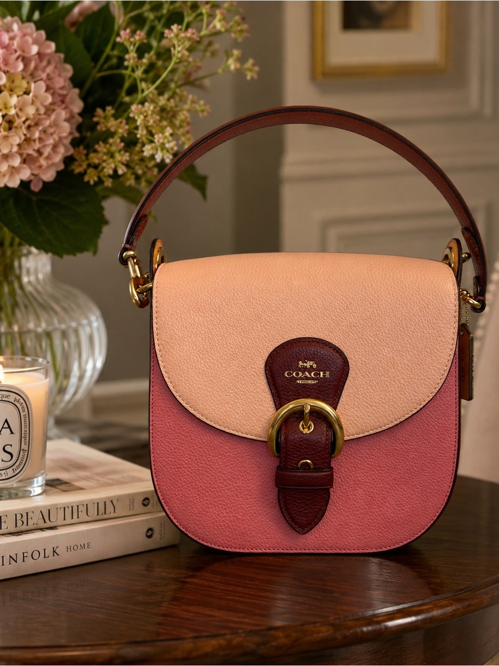 Coach Two-Tone Pink and Blush Leather Top-Handle Saddle Bag